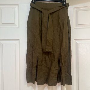 Hannah Kristina Metz olive green linen blend mini skirt belt front/back split S